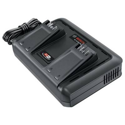 Een Bosch dubbele oplader voor 12V lithium-ion accu's met twee laadstations, ideaal voor het gelijktijdig opladen van twee accu's.