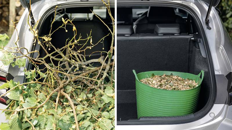 Links een open kofferbak met takken, rechts een kofferbak met een groene container vol gehakte takken.