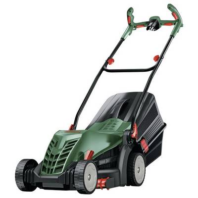 Groene grasmaaier met rode accenten. Compact gebouwd, geschikt voor middelgrote gazons. Voor- en achterwielen duidelijk zichtbaar.