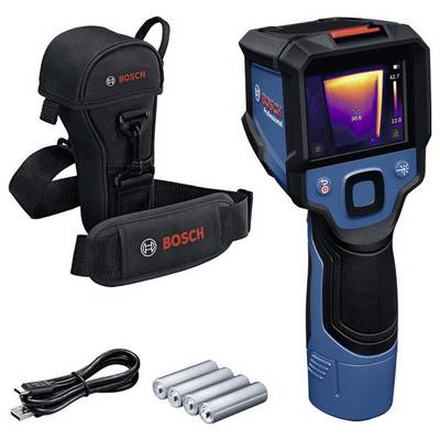 Thermische camera met display, tas, USB-kabel en batterijen. Het display toont een warmtebeeldmeting. Merk 'Bosch'.