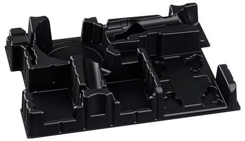 Zwart, gevormd kunststof blistervak met verschillende compartimenten en verhogingen, bedoeld voor het organiseren van voorwerpen.
