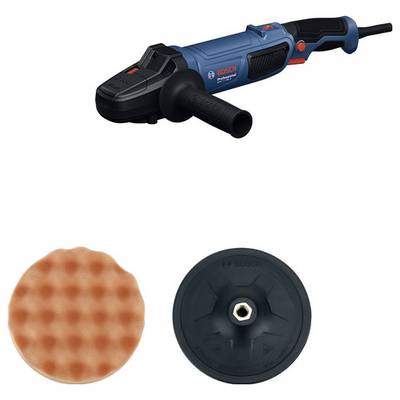 Polijstmachine met een blauwe behuizing en zwarte handgreep, daaronder een gegolfde oranje polijstspons en een zwarte polijstschijf.
