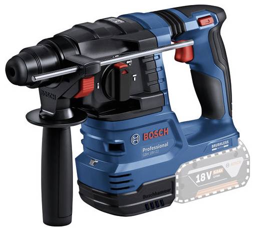 Een blauwe accuslagboormachine van het merk Bosch met een zwarte handgreep en rode schakelaar. Geschikt voor professionele toepassingen.