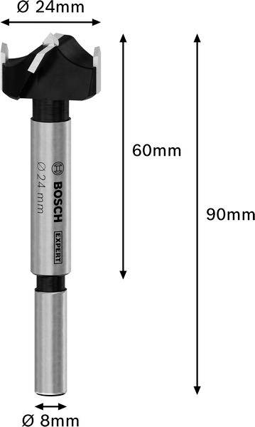 'Bosch Expert' Forstnerboor, totale lengte 90mm, diameter 24mm, schachtdiameter 8mm. Metaalgrijs schacht, zwarte kop.