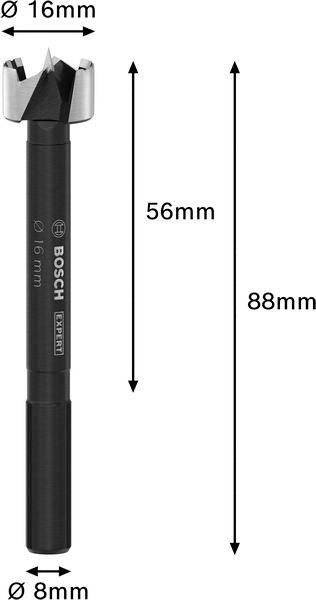 Een Forstner-boor met een diameter van 16 mm en een totale lengte van 88 mm. De schachtdiameter is 8 mm, met een lengte tot aan de punt van 56 mm.