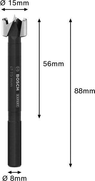 Afgebeeld is een Forstner-boor van Bosch met een diameter van 15 mm, een totale lengte van 88 mm en een schachtlengte van 56 mm.