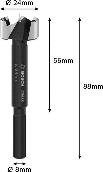 'Bohrer Bosch Expert' met 24 mm koptdiameter, 8 mm schachtdiameter, totale lengte 88 mm, werklengte 56 mm.