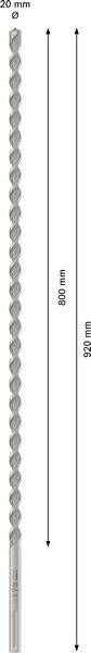 'Boormachine 20 mm' met 800 mm gebruikslengte en 920 mm totale lengte, toont pijlen voor lengte-aanduidingen.
