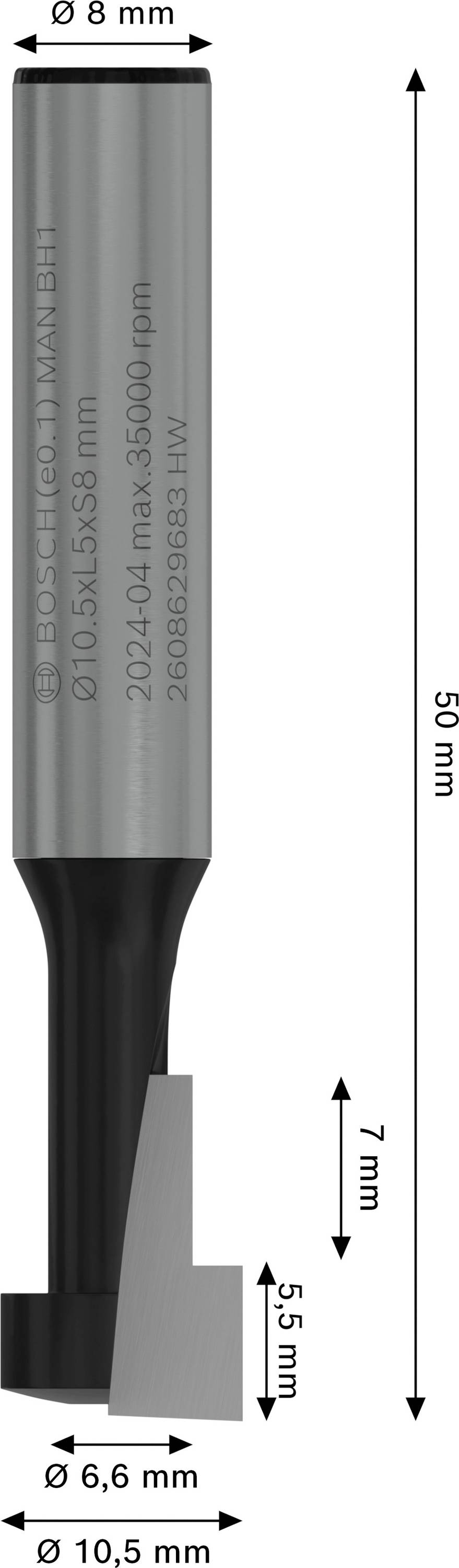 Frees: Diameter 8 mm, snijlengte 7 mm, totale lengte 50 mm. Geschikt voor houtbewerking, fabrikantgegevens op de schacht.