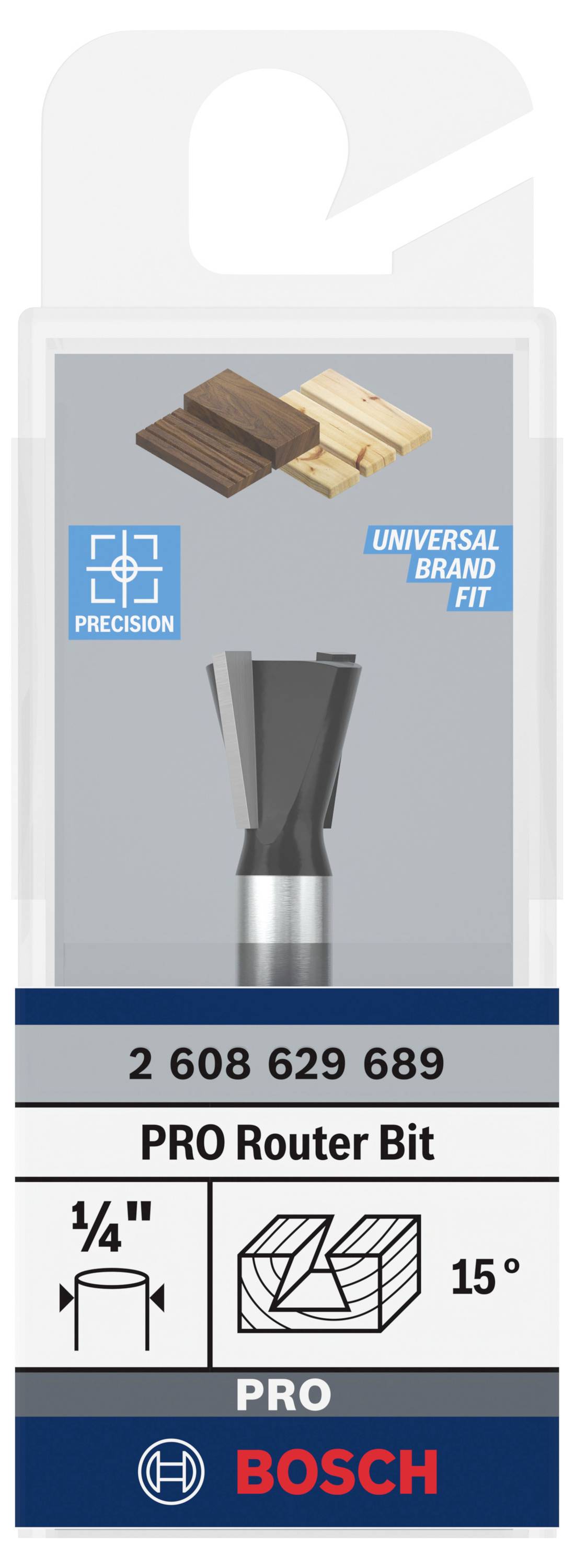 Bosch-freesmessen voor nauwkeurig frezen, compatibel met verschillende merken. Geschikt voor hout met een hoek van 15° en een diameter van 1/4 inch.