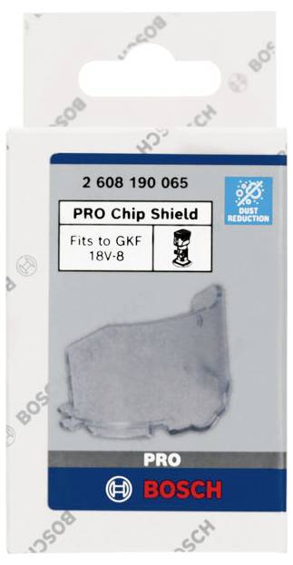 Verpakking van een Bosch PRO Chip Shield voor GKF 18V-8. Bevat een afbeelding van een stofbescherming en de tekst 'Past op GKF 18V-8'.