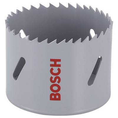 Een grijze gatenzaag met tanden langs de rand en 'BOSCH' in rode letters aan de zijkant.