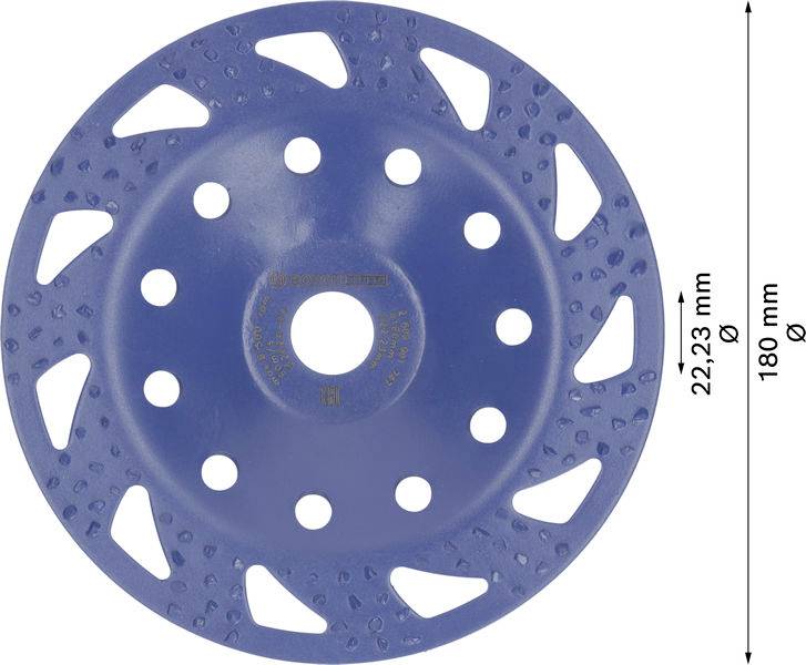 Blauwe schuurschijf met gaten en getande randen, 180 mm diameter, 22,23 mm boring. Gereedschap voor materiaalbewerking.