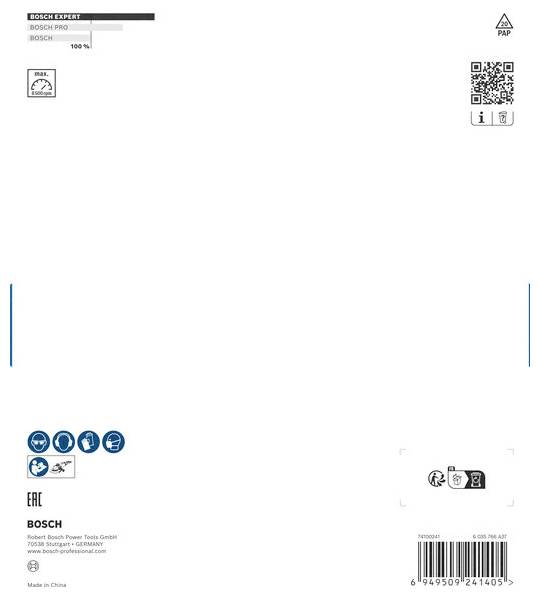 De afbeelding toont de achterkant van een verpakking van een Bosch Power Tools product. Linksboven staat 'BOSCH EXPERT', onderaan zijn symbolen voor veiligheidsvoorschriften.