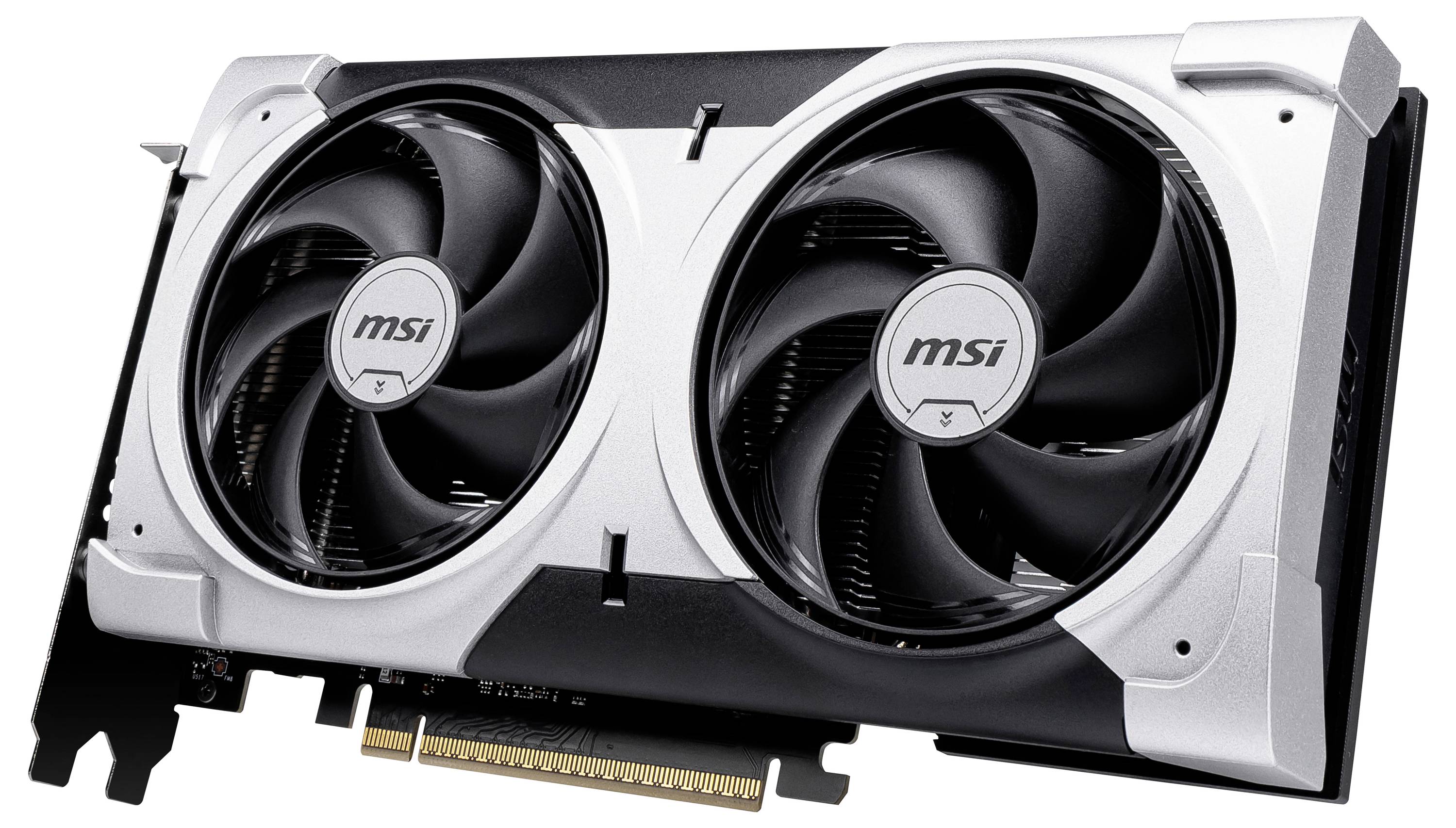 Moderne grafische kaart met twee grote ventilatoren en zilveren accenten, die zorgen voor verbeterde koeling en hoge rekenkracht.