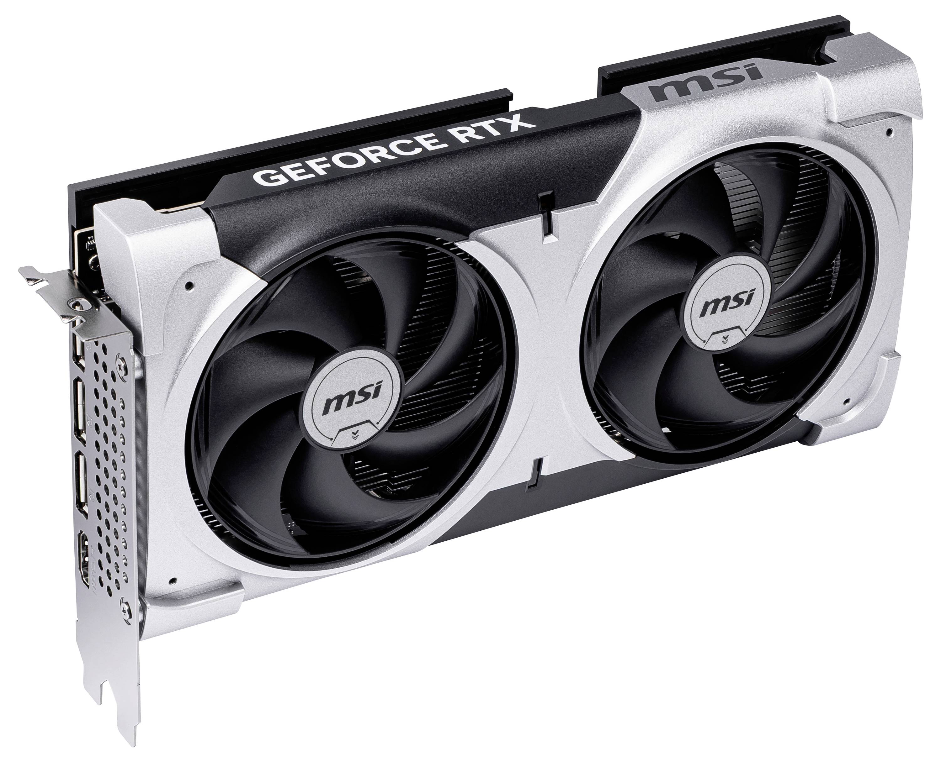'Een GeForce RTX videokaart met twee ventilatoren van MSI, toont de koeluitrusting en de aansluitzijde, zonder specifiek modelnummer.'