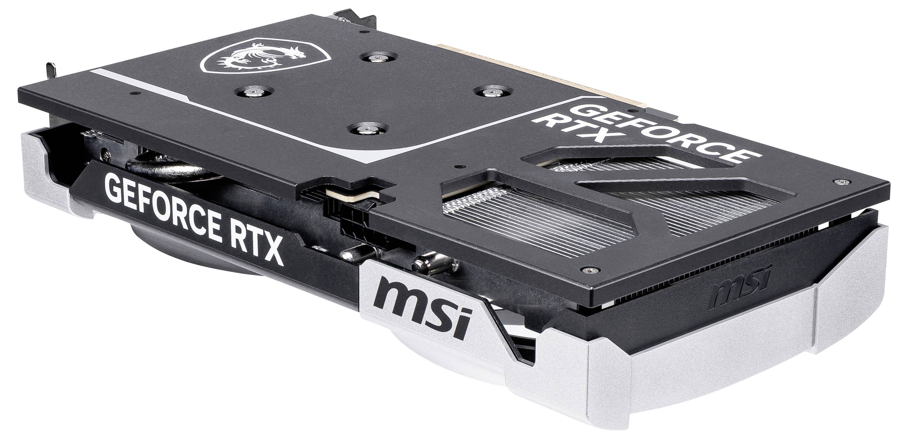 Een grafische kaart van MSI met het opschrift 'GeForce RTX'. Hij toont blauwe koelribben en het MSI-logo, geschikt voor gaming.