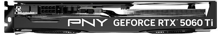 PNY GeForce RTX 5060 Ti videokaart met ventilatoren en aansluitingen, toont zijaanzicht van het model met merklogo.