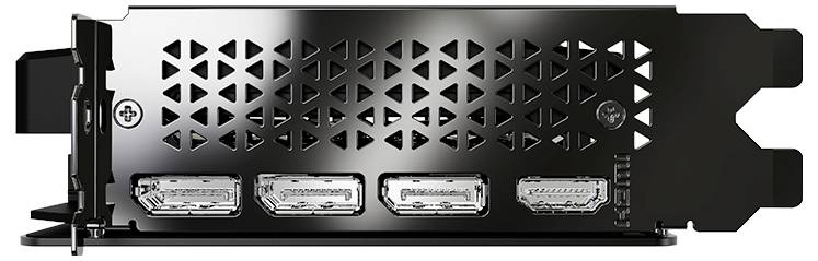 Achterkant van een videokaart met drie DisplayPorts en een HDMI-aansluiting, omringd door ventilatiesleuven voor koeling.