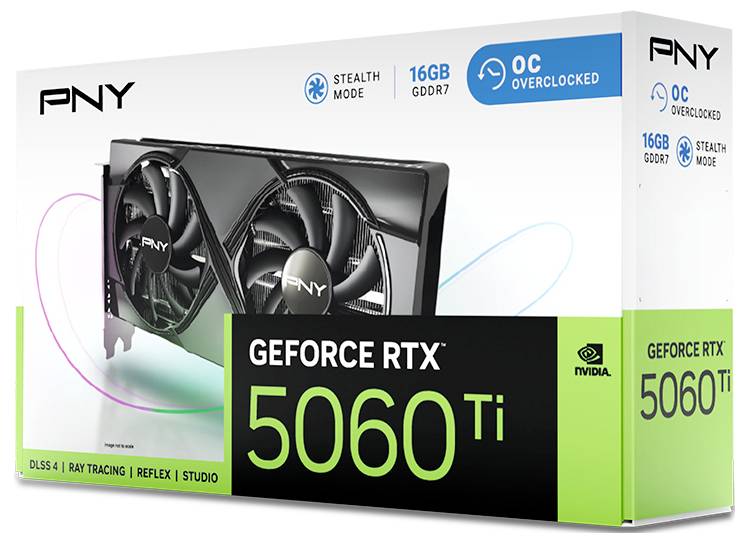 PNY Videokaart GeForce RTX 5060 Ti Verpakking; toont kaart met twee ventilatoren. Tekst '16GB GDDR7 OC Overclocked'. Nvidia-logo zichtbaar.