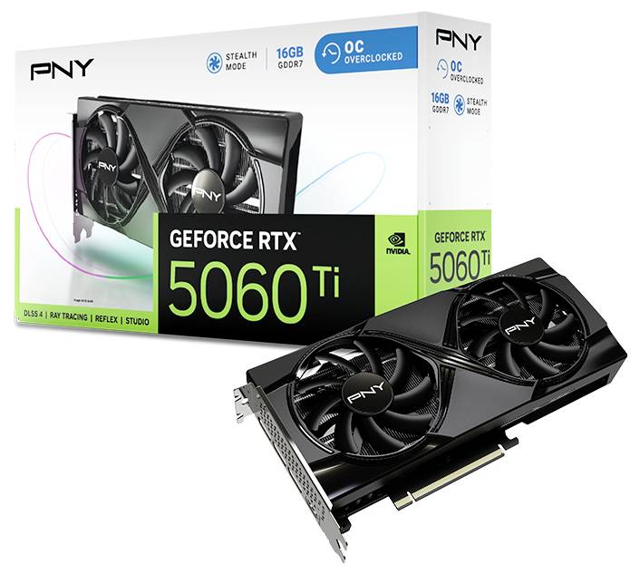 'PNY GeForce RTX 5060 Ti videokaart met twee ventilatoren, 16GB GDDR7. Verpakking op de achtergrond toont de kaart en specificaties.'