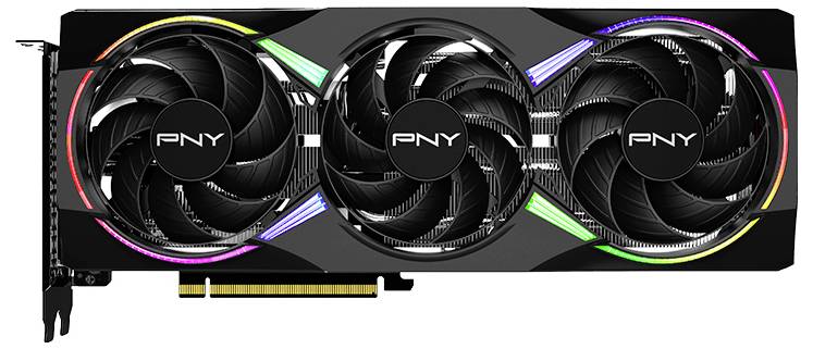 Een zwarte PNY-videokaart met drie grote ventilatoren en gestreepte RGB-verlichting, geschikt voor krachtige computertoepassing.