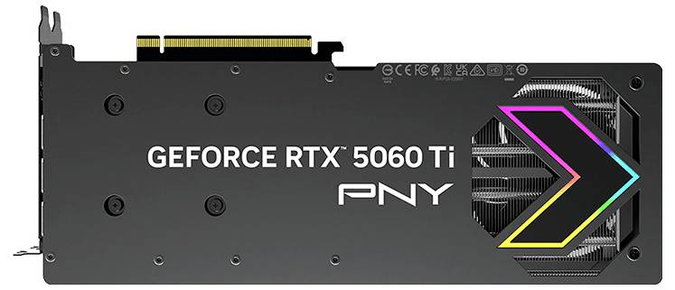 Grafische kaart van PNY met de tekst 'GeForce RTX 5060 Ti' en een grote, kleurrijke pijl naast een ventilator.