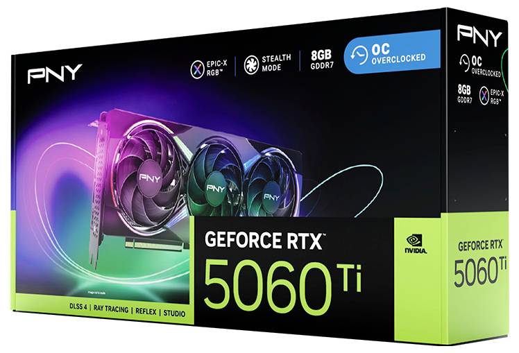 Verpakking van PNY voor GeForce RTX 5060 Ti. Opdrukken: '8GB GDDR7', 'OC Overclocked', 'DLS 3.0', 'Ray Tracing', 'RGB'.