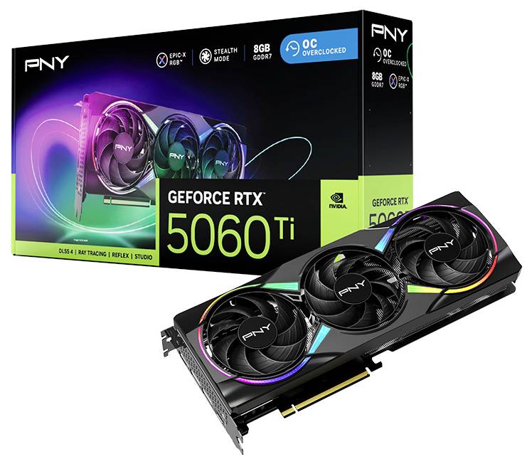 Een overklokte PNY GeForce RTX 5060 Ti videokaart met 8 GB GDDR7 VRAM. De verpakking benadrukt EPIC-X RGB-verlichting en raytracing.