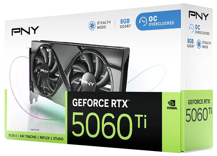 Verpakking van een PNY GeForce RTX 5060 Ti videokaart met 8GB GDDR7. Bevat Stealth-modus en overclockmogelijkheden.