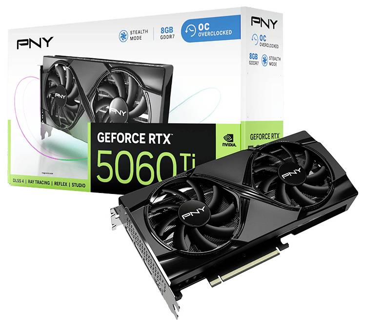 'PNY GeForce RTX 5060 Ti' grafische kaart, 8GB GDDR7, toont een dubbele ventilatorkoeling. Verpakking op de achtergrond met technische details.