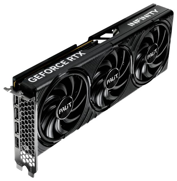 Zwarte videokaart met drie ventilatoren, voorzien van de opdruk 'Geforce RTX' en 'Palit'; geschikt voor krachtige computertoepassingen.