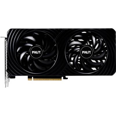 Zwarte videokaart met twee ventilatoren, gemerkt met 'Palit'. Geschikt voor high-performance toepassingen en gaming.
