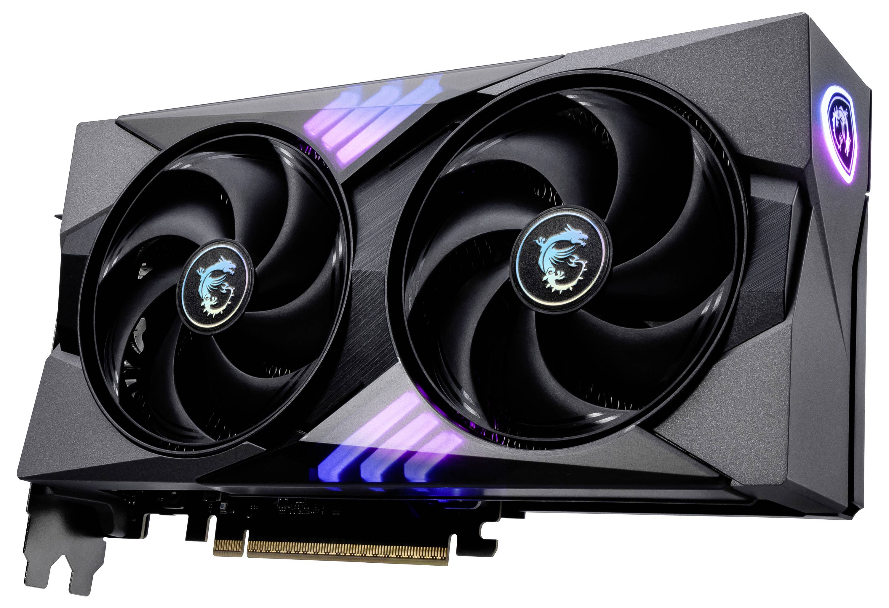 Grafische kaart met twee ventilatoren en verlicht logo. Modern design, geschikt voor krachtige computertoepassing.