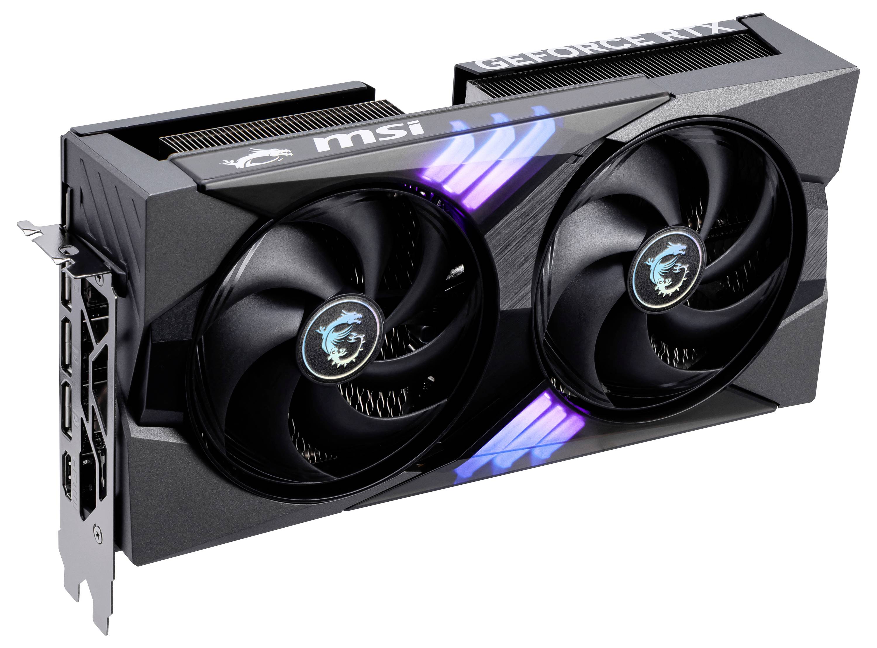 Een zwarte MSI grafische kaart met twee ventilatoren en RGB-verlichting. GeForce RTX-logo zichtbaar aan de zijkant.