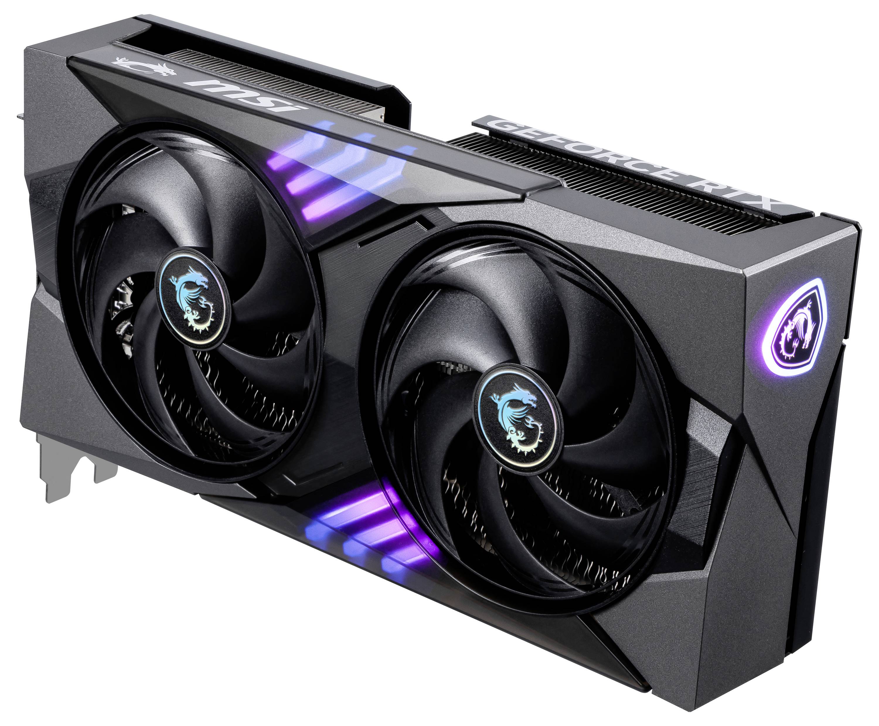 Videokaart met twee ventilatoren, zwarte behuizing en RGB-verlichting. Markeringen tonen MSI- en GeForce RTX-logo's.