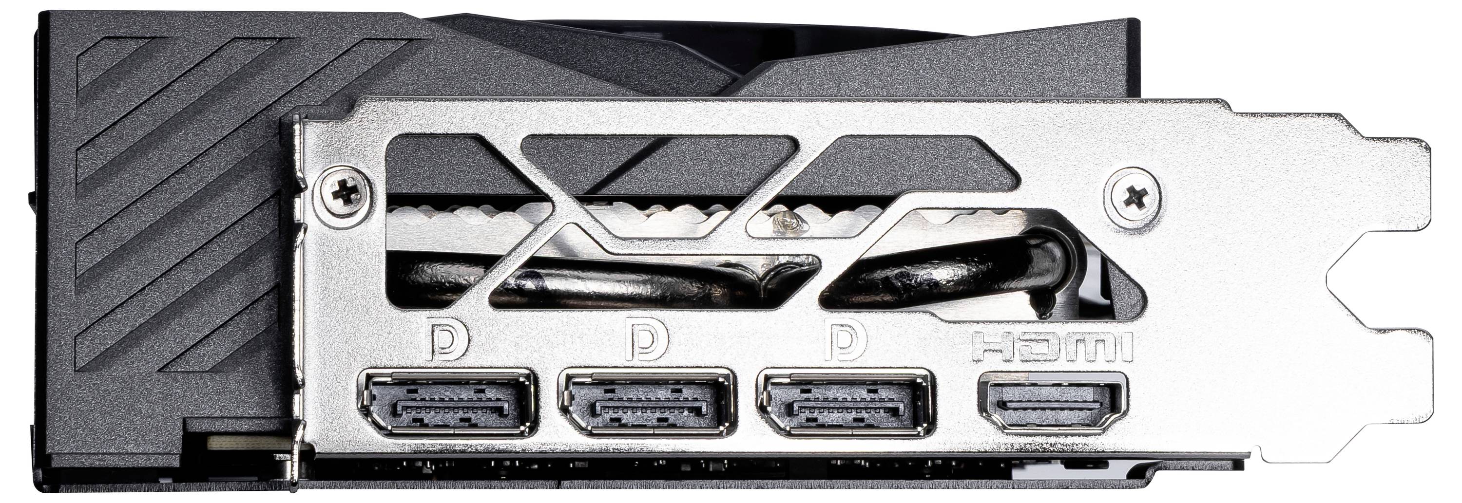 Achterkant van een grafische kaart met drie DisplayPort-aansluitingen en één HDMI-aansluiting. De metalen behuizing toont openingen voor koeling.