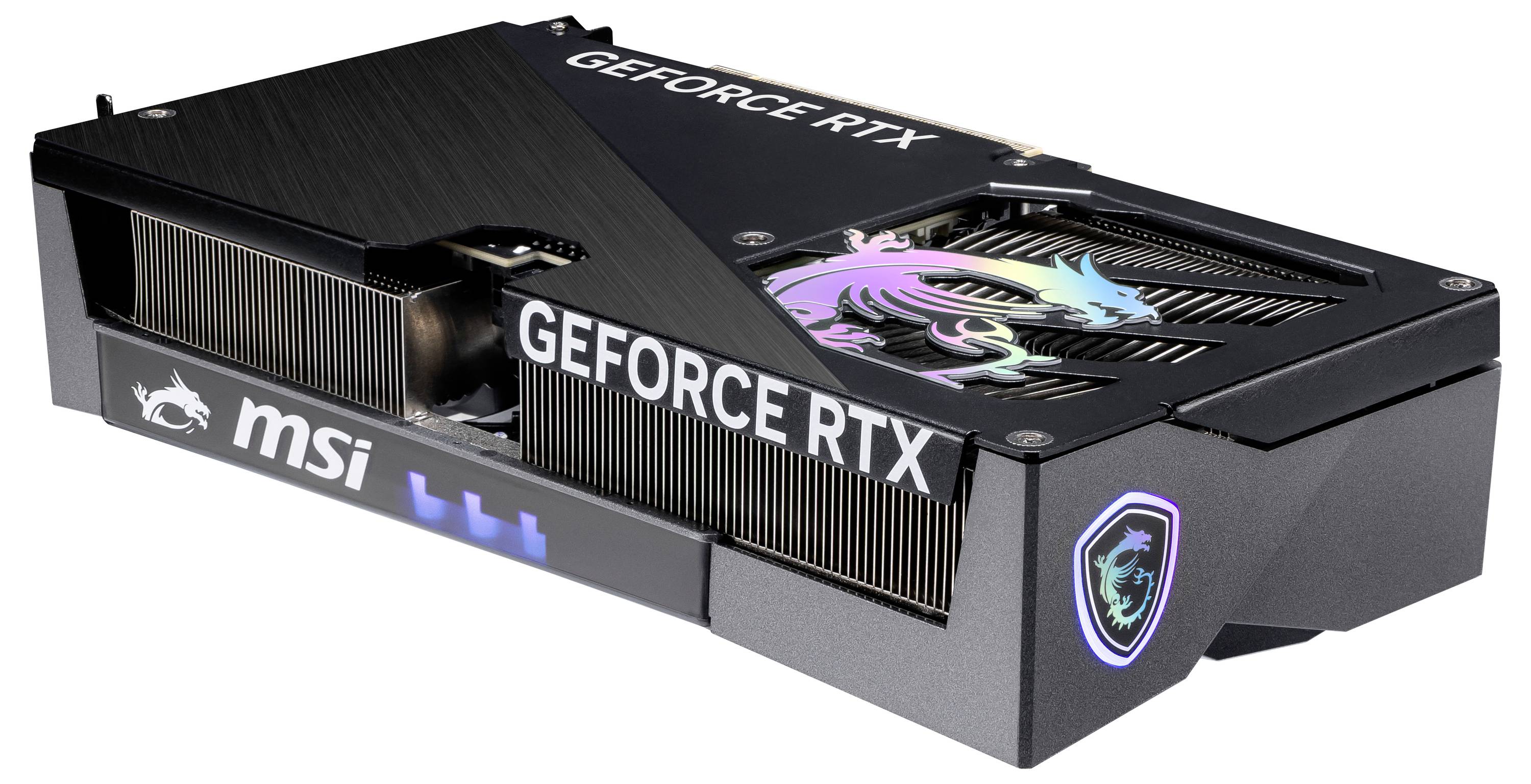 Grafische kaart van MSI met een zwart behuizing, waarop een getekend drakensymbool in iriserende kleuren en de tekst 'GEFORCE RTX'.