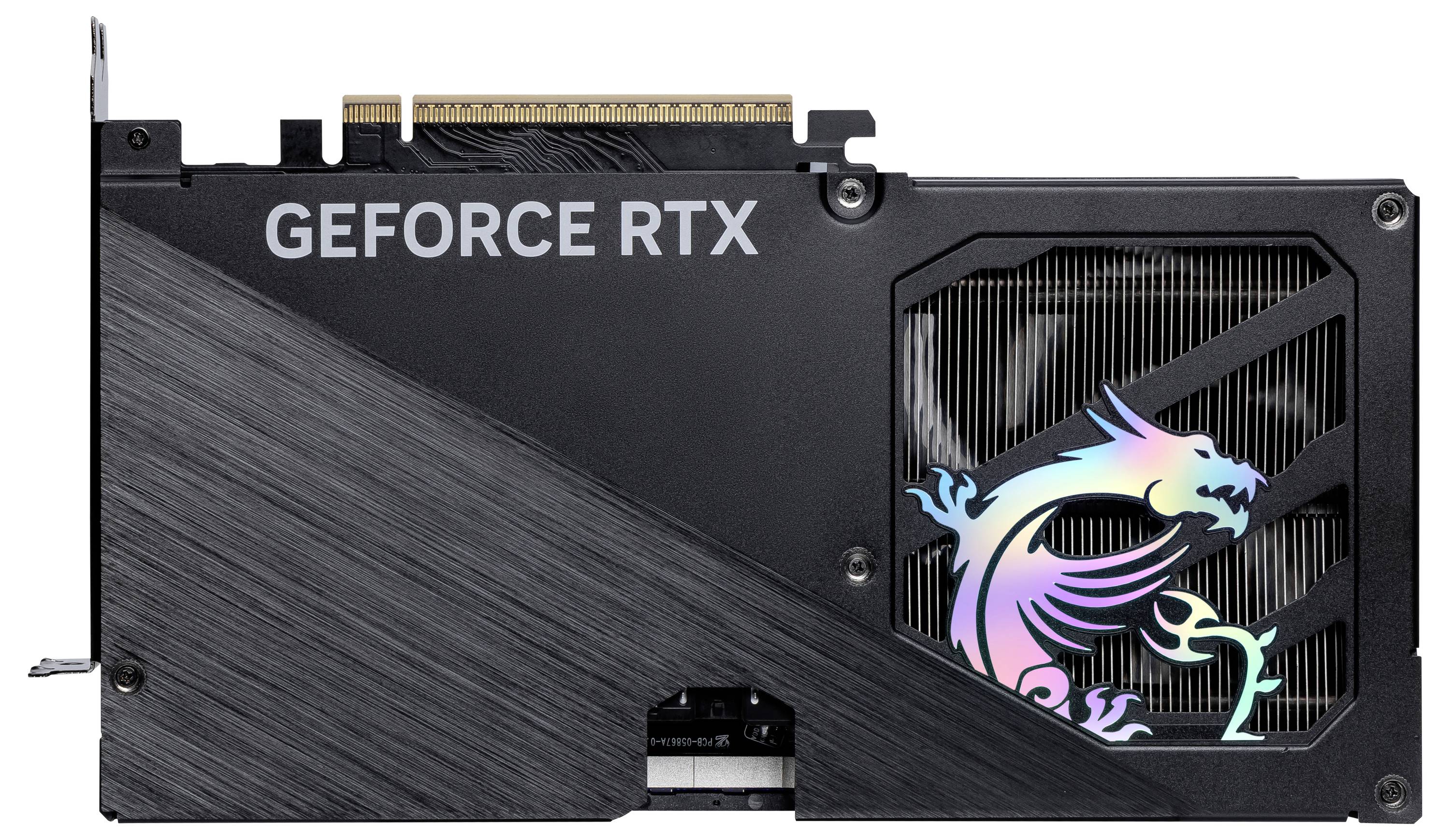 Zwarte videokaart met 'GEFORCE RTX'-opschrift. Rechts een gestileerde, kleurrijke draak.