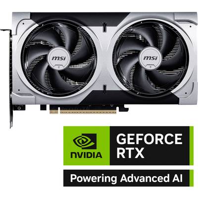 Grote videokaart met twee ventilatoren, 'msi'-logo gegraveerd. Daaronder tekst: 'nvidia GEFORCE RTX - Aanjager van Geavanceerde AI'.