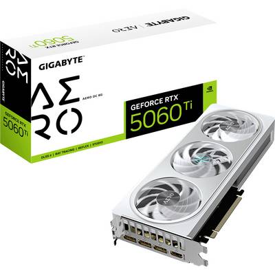 Een grafische kaart van Gigabyte, model 'AERO OC 8G', GeForce RTX 5060 Ti, met drie ventilatoren en aansluitingen voor monitors. Verpakking op de achtergrond.