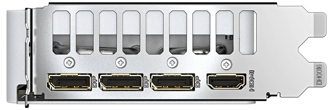 De afbeelding toont een grafische kaart met vier DisplayPort-aansluitingen, gemonteerd in een metalen beugel.