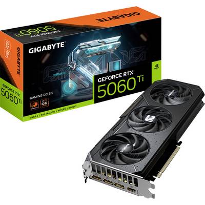 Een Gigabyte GeForce RTX 5060 Ti videokaart en zijn verpakking. De verpakking toont het model en verschillende ondersteunde technologieën.