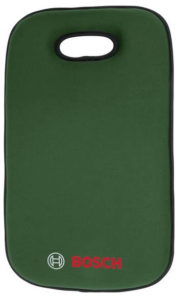 Groene kniebeschermer met zwarte rand en handgreep, met daaronder het Bosch-logo in wit en rood.