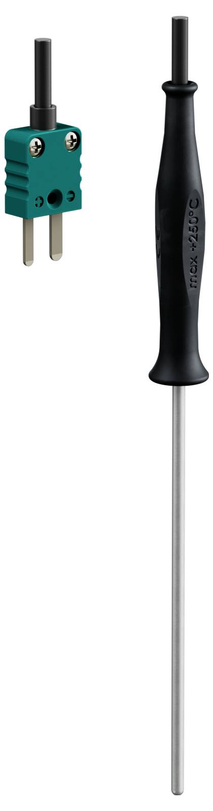 'Thermo-Jack'-sonde, bestaande uit een groene jackplug en een lange metalen sonde met zwarte handgreep, gebruikt voor temperatuurmeting.