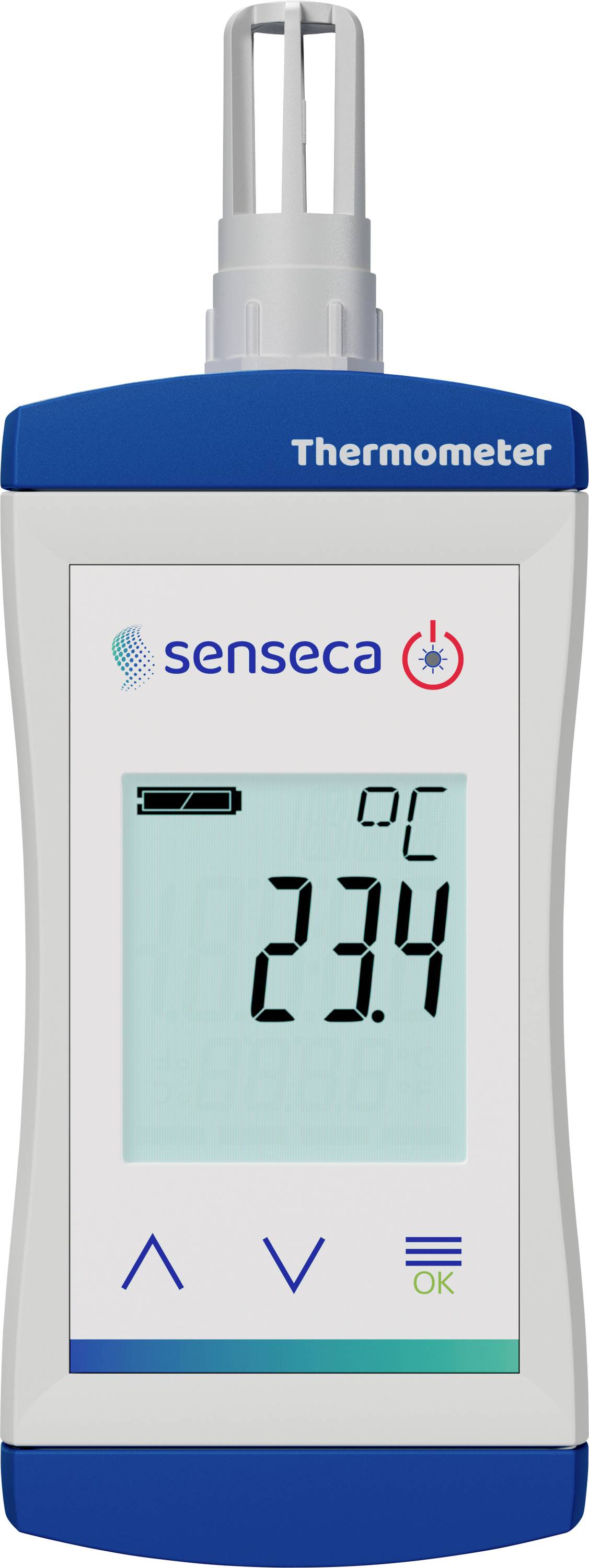 Handthermometer met digitaal display toont 23,4 graden Celsius.