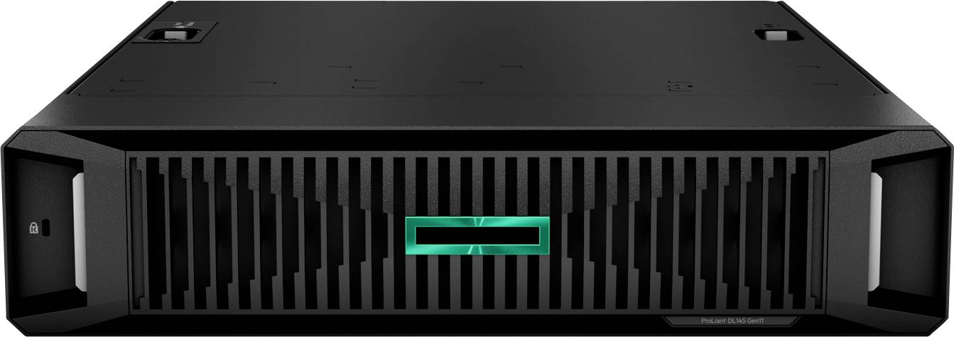 Een zwarte server met een fel, groen logo midden vooraan.