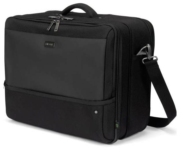 Een zwarte laptoptas met ritsen, handgreep en schouderband.