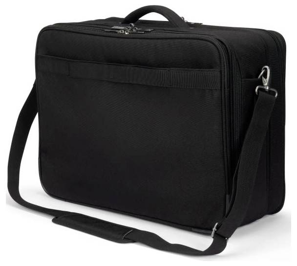 Zwarte aktetas met handgreep en schouderband, geschikt voor kantoorbenodigdheden of als laptoptas.