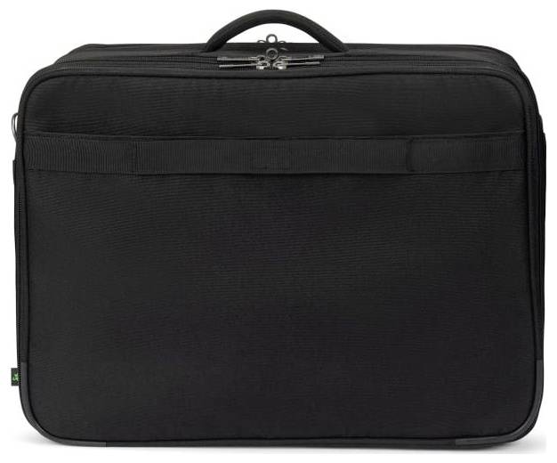 Een zwarte laptoptas met ritsen en een handgreep bovenaan, rechtop staand voor een witte achtergrond.